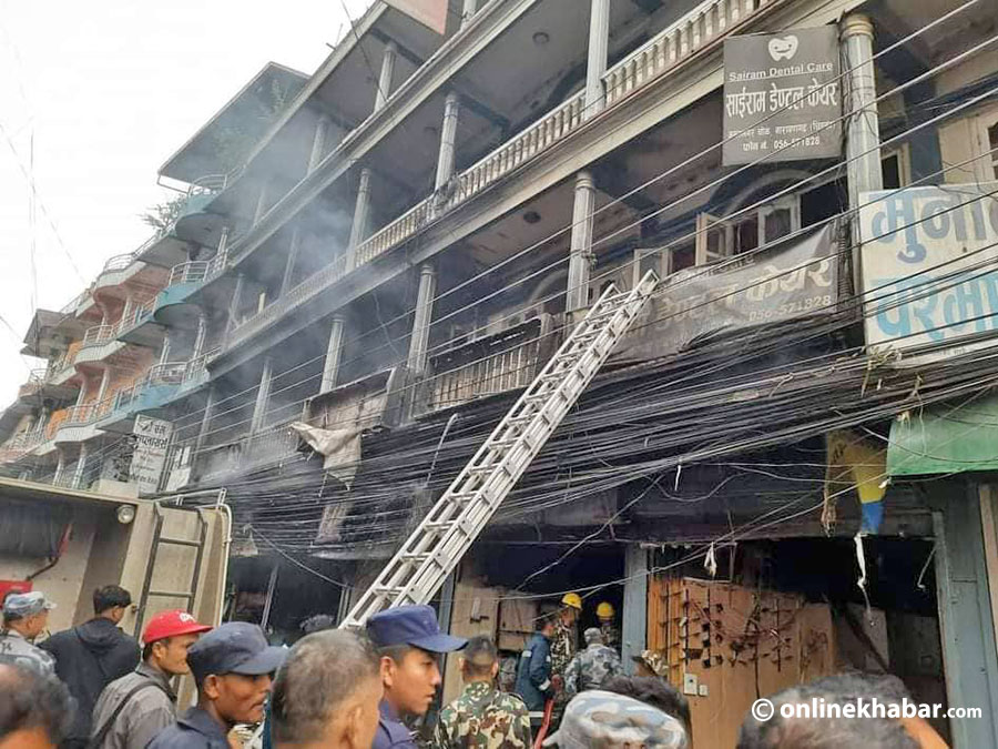 A four-storey house catches fire in Bharatpur, Chitwan, on Wednesday, April 27, 2022.