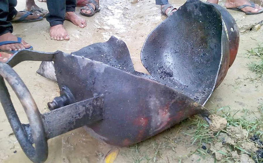 The remains of a cooking gas cylinder after explosion.