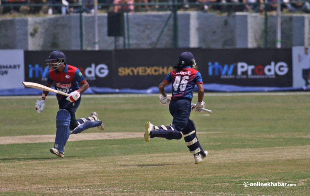 Dipendra Singh Airee is in action against Papua New Guinea in the final match of a tri-nation series, in Kathmandu, on Monday, April 4, 2022. Photo: Bikash Shrestha