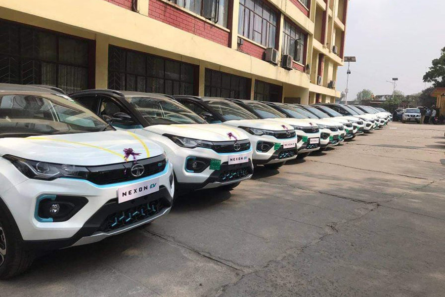Twenty electric cars bought by the Nepal Electricity Authority, in Kathmandu