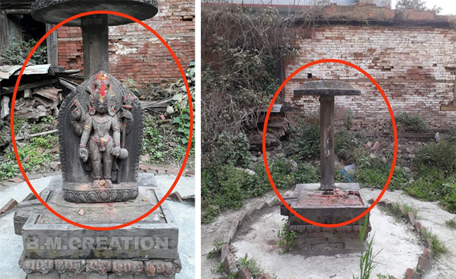 A Kamadev statue is stolen from Kalimati of Kathmandu on Thursday, April 7, 2022. Photo: BM Creation