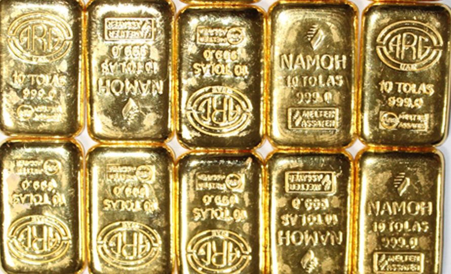 Gold bars seized from the Kathmandu airport before they were allegedly being smuggled, in April 2022.
