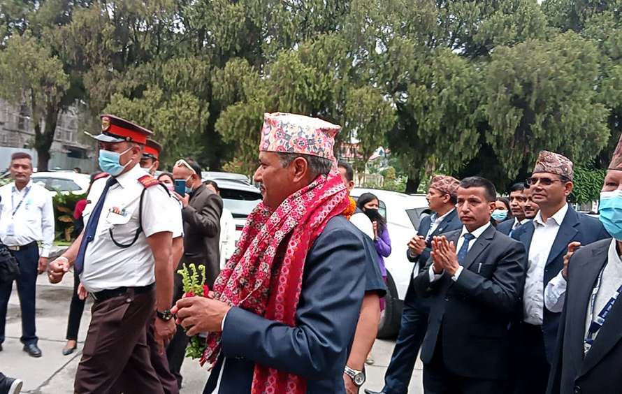 Nepal Rastra Bank (NRB) Governor Maha Prasad Adhikari rejoins his office following the end of his suspension, in Kathmandu, on Wednesday, April 20, 2022.
