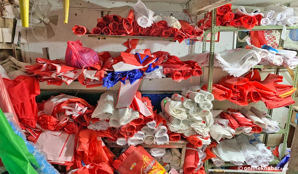 Fabric to print flags for various political parties at a shop in Bagbazar of Kathmandu, ahead of local elections, in April 2022.