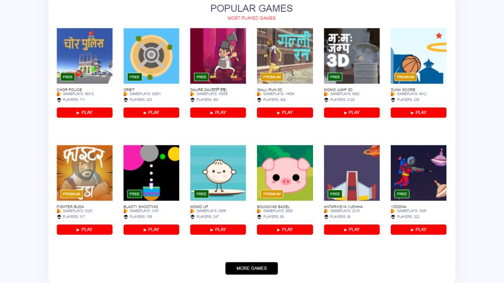 Most popular games on Ramailo Games. Screenshot of the website