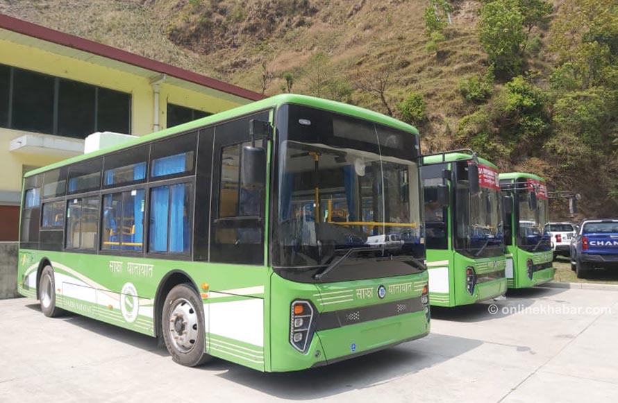Three electric buses that Sajha Yatayat is operating in Kathmandu have arrived at Tatopani customs point in April 2022. Photo: TheeGo