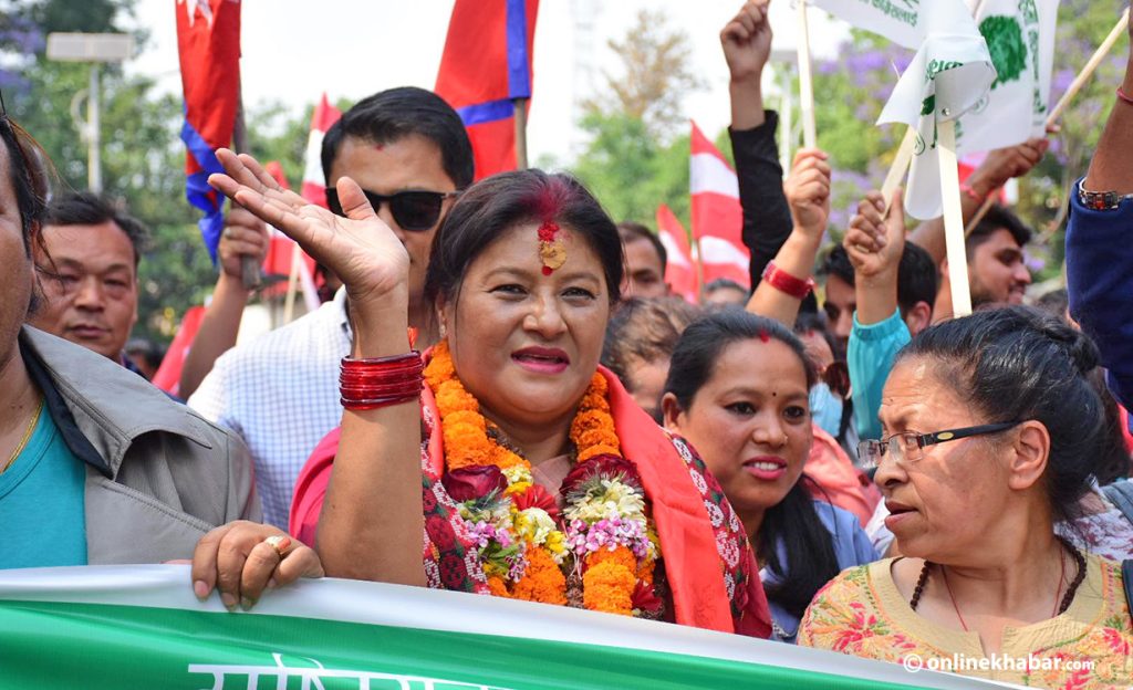 Nepali Congress candidate Sirjana Singh after filing her nomination for the mayor of Kathmandu, on Monday, April 25, 2022. Photo: Chandra Bahadur Ale