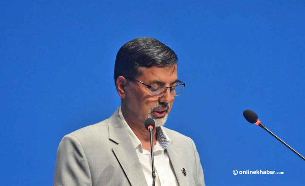 Finance Minister Janardan Sharma presents the annual budget plan for the fiscal year 2022/23, in Kathmandu, on Sunday, May 29, 2022. Photo: Chandra Bahadur Ale