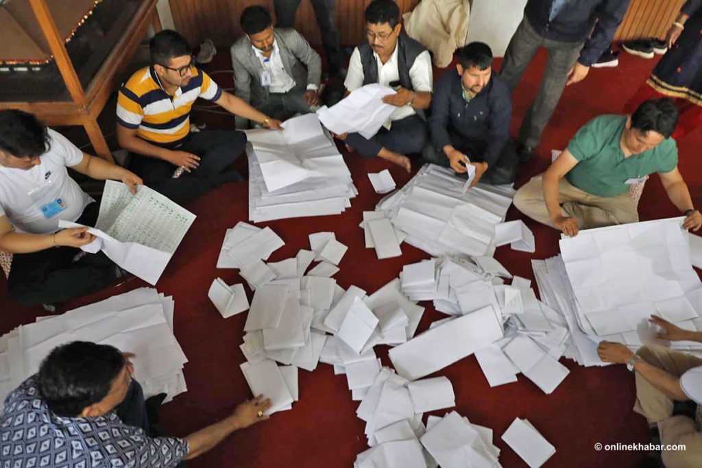 Vote count is underway in Kathmandu after local elections, in Kathmandu, in May 2022.