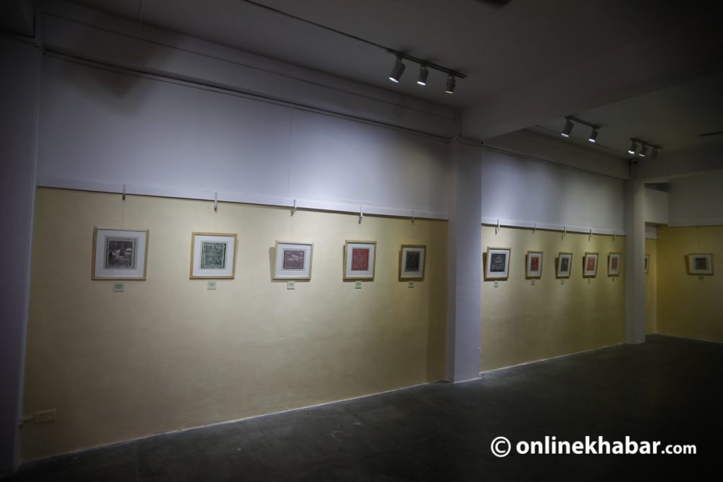 Samjhana Rajbhandari woodcut print exhibition, Prints: A Tribute to the Past, about Nepal's postage stamp