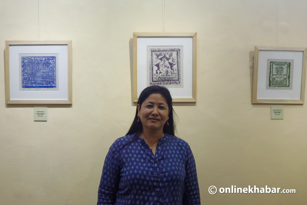 Artist Samjhana Rajbhandari at her woodcut print exhibition, Prints: A Tribute to the Past, about Nepal's postage stamp history, in May 2022. Photo: Bikash Shrestha