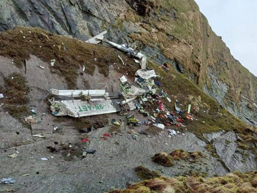 The wreckage of a Tara Air aircraft that crashed in Mustang, on Sunday, May 29, 2022. Photo credit : Sushilbabu Thakali