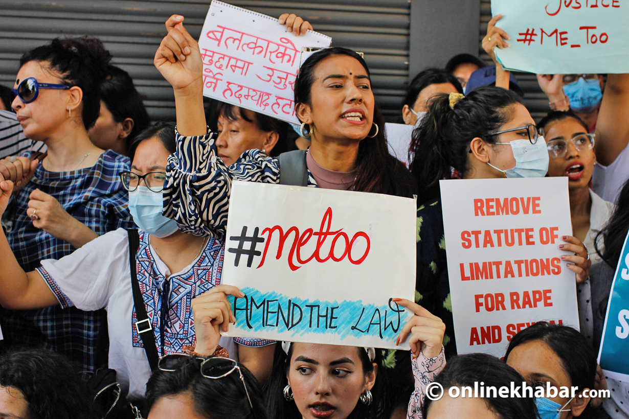 A demonstration outside the PM's residence in Kathmandu demands survivor-friendly rape laws in Nepal, on Friday, May 20, 2022.