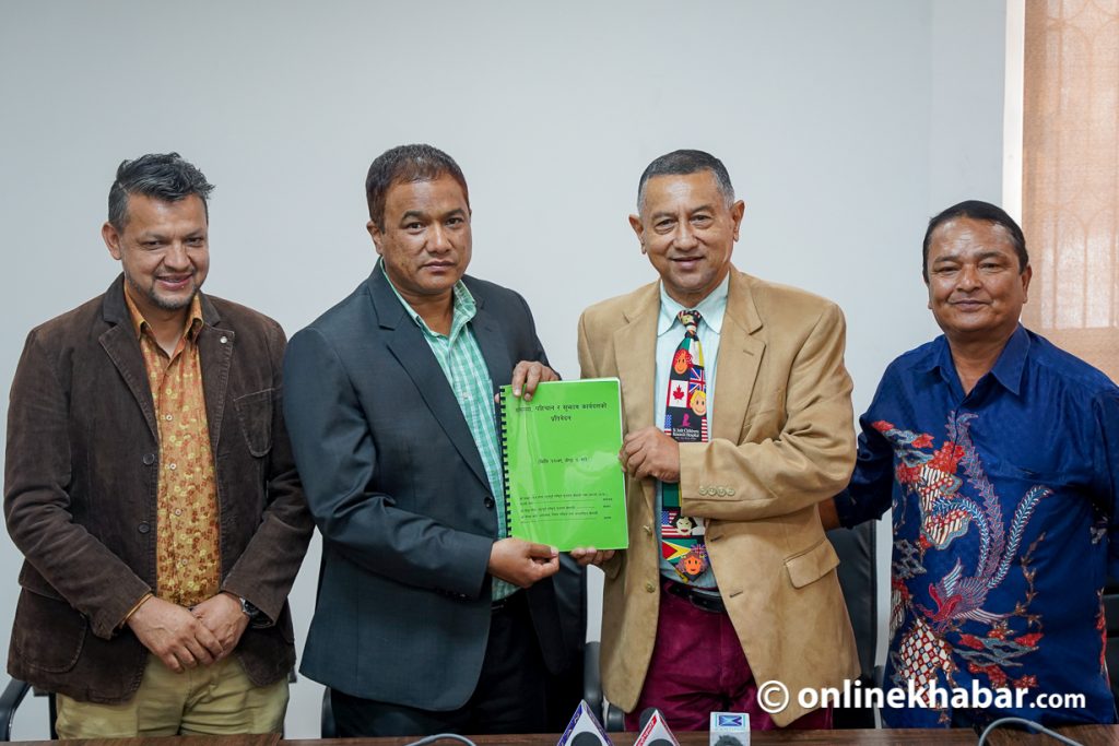 A probe panel formed to look into a recent Nepal football controversy submits its report to ANFA General Secretary Indra Man Tuladhar, on Wednesday, May 18, 2022. Photo: Shankar Giri