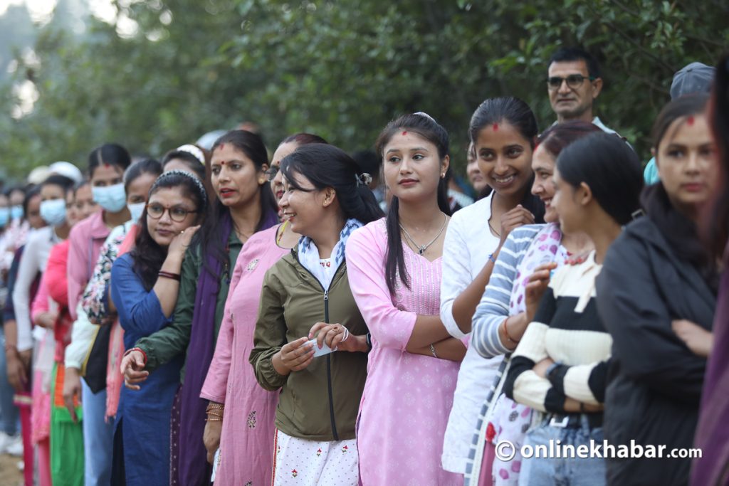 Young women/ young voters line up to cast their ballots during the local elections in Kathmandu, on Friday, May 13, 2022. voter turnout
