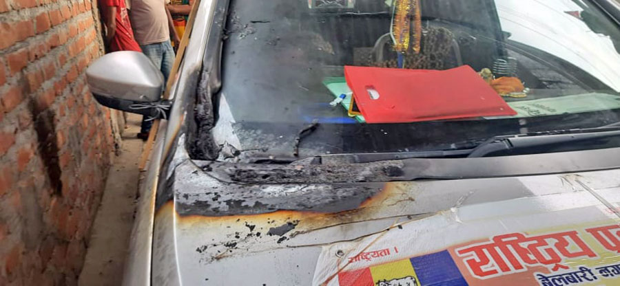 Car belonging to Khom Prasad Gautam, a mayoral candidate from Rastra Prajatantra Party (RPP), was set on fire on Friday, May 6, 2022.