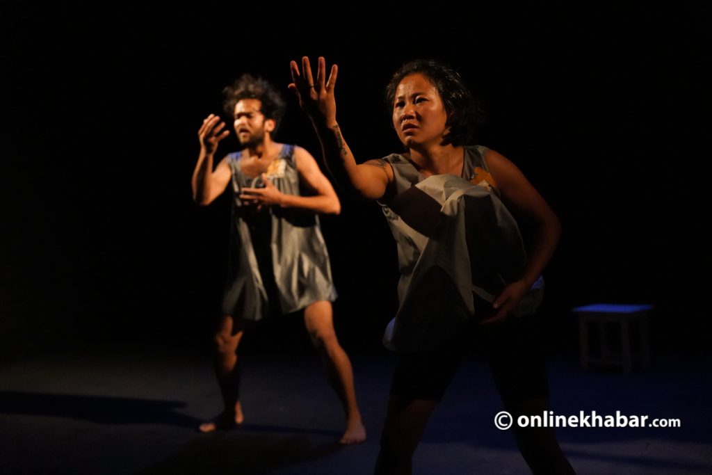 Aiya! Maya is an experimental play that mainly focuses on body movements and a plethora of symbols rather than dialogues.  Photo: Chandra Bahadur Ale