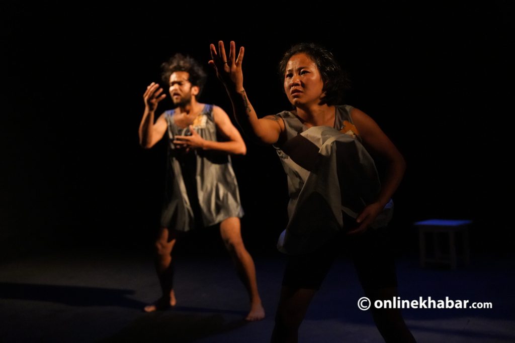 Aiya! Maya is an experimental play that mainly focuses on body movements and a plethora of symbols rather than dialogues.  Photo: Chandra Bahadur Ale 