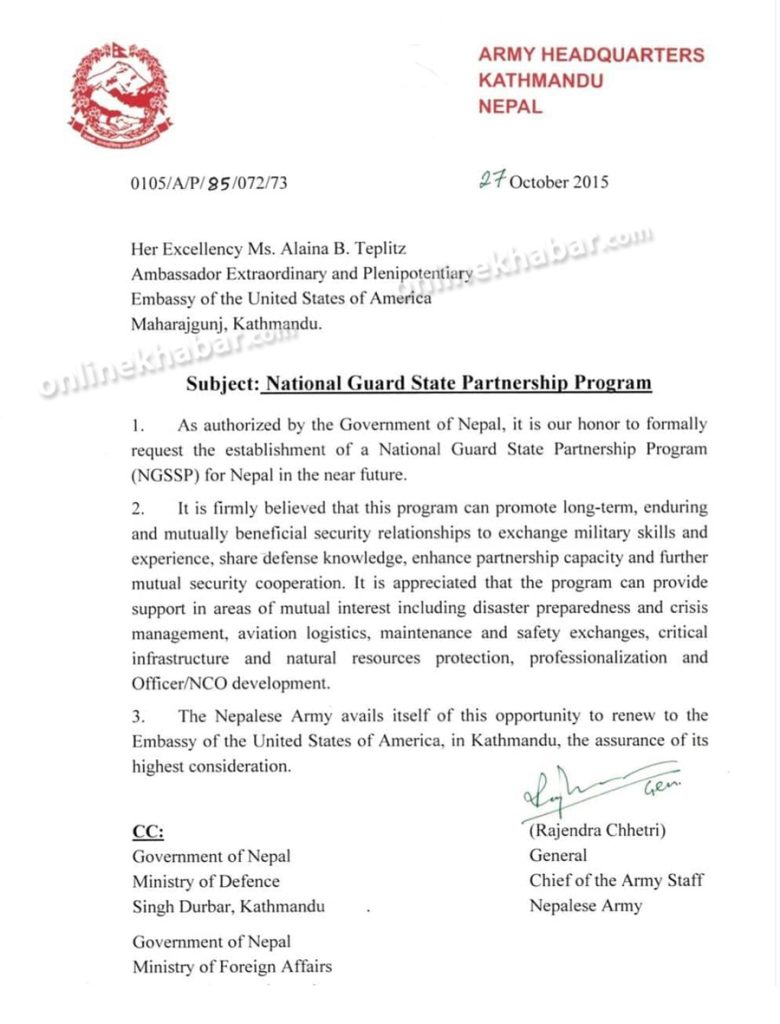 Nepal Army had written a letter to the US government, asking for the State Partnership Program, in 2015.