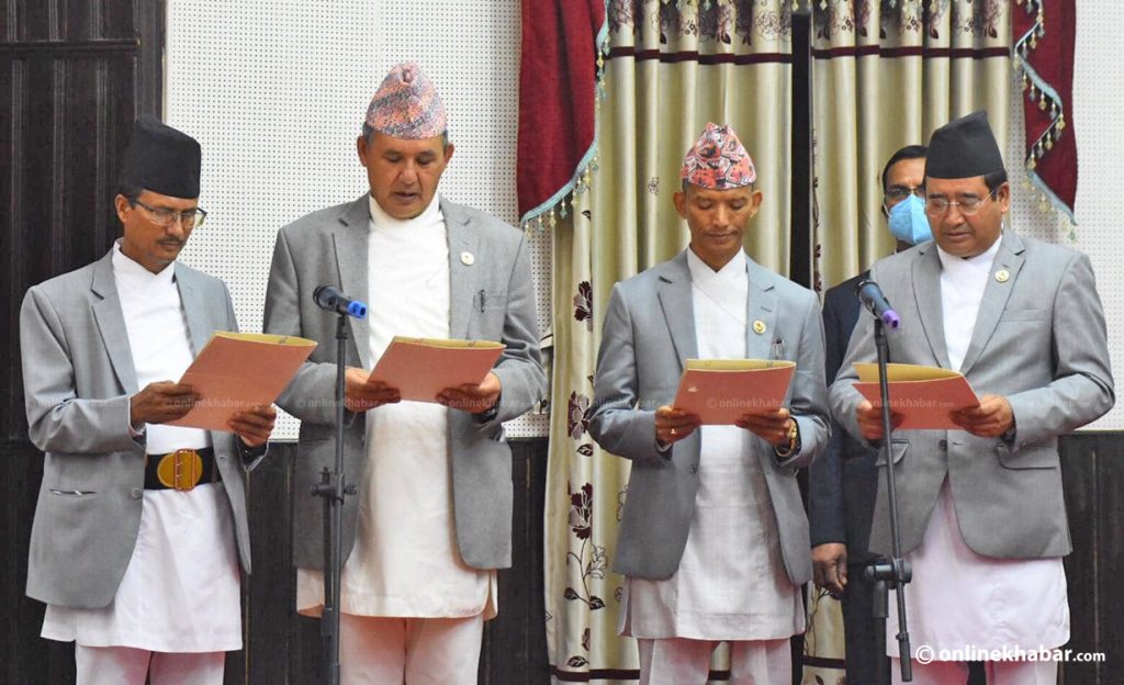 Newly appointed ministers Sher Bahadur Kuwar, Bhawani Khapung, Metmani Chaudhary and Jeevan Ram Shrestha.