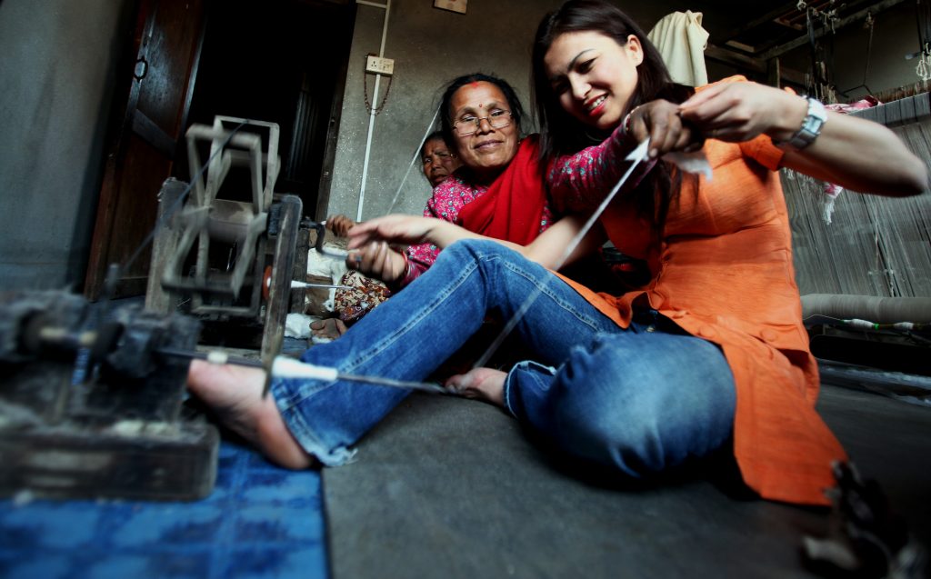 Sanyukta Shrestha in Khokana village working with local women handweavers. Photo: Mahesh Pradhan