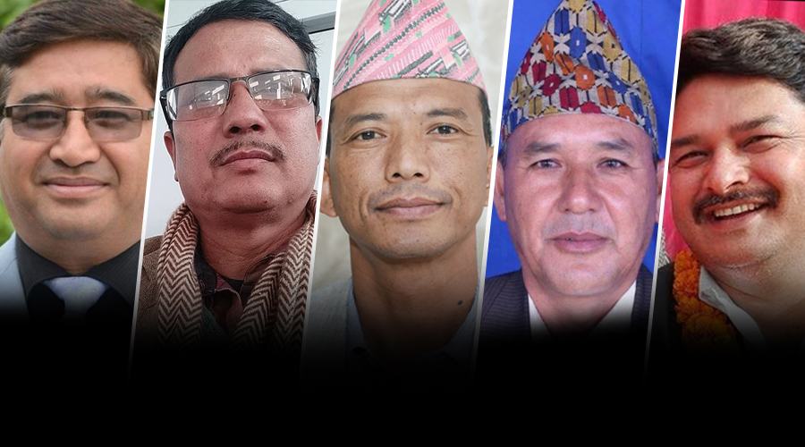 The new ministers representing the CPN-Unified Socialist (L-R): Jeevan Ram Shrestha, Sher Bahadur Kunwar, Metmani Chaudhary, Bhawani Khapung, and Hira KC