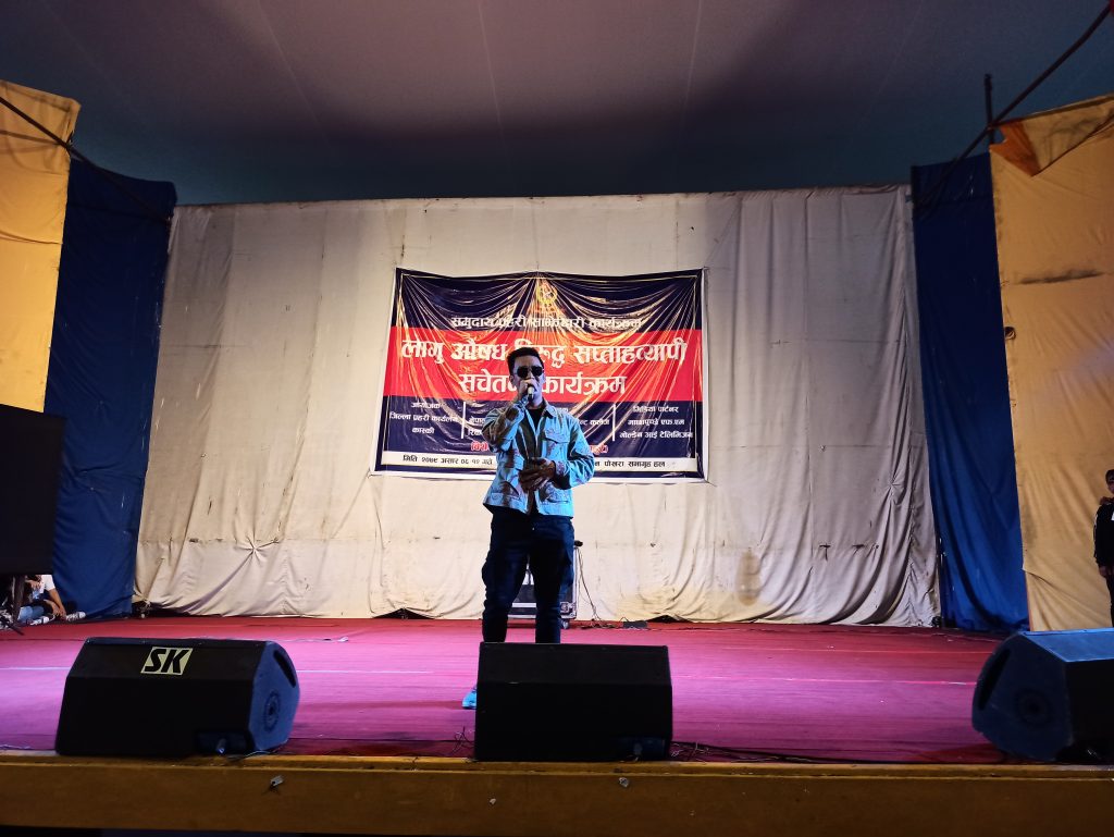 Rapper Ashis Rana aka Laure speaks during an anti-drug event, in Pokhara, on Monday, June 20, 2022.