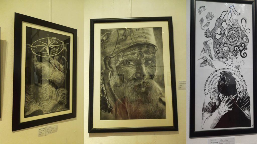 Artworks using charcoal, and pen and ink mediums are on display at the art exhibition, The Horizon Unfolds, in Kathmandu, in June 2022.   