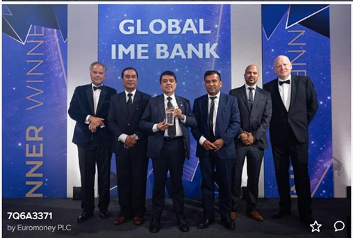 Global IME Bank officials receive an Euromoney award, in London, on Wednesday, July 13, 2022. Photo: Euromoney via Global IME Bank