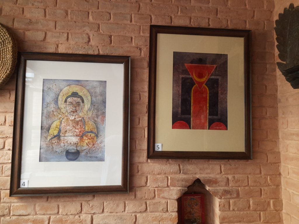 Paintings on display by artist Govinda Lal Singh Dongol's ongoing exhibition