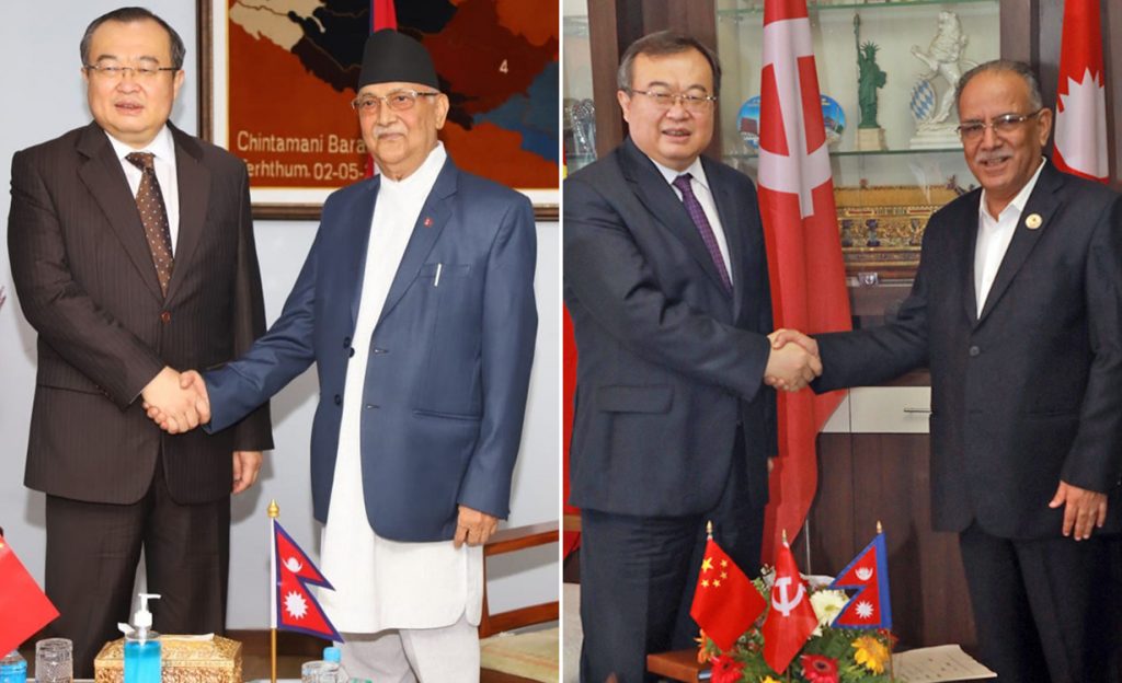 Chinese leader Liu Jianchao with KP Sharma Oli (l) and Pushpa Kamal Dahal