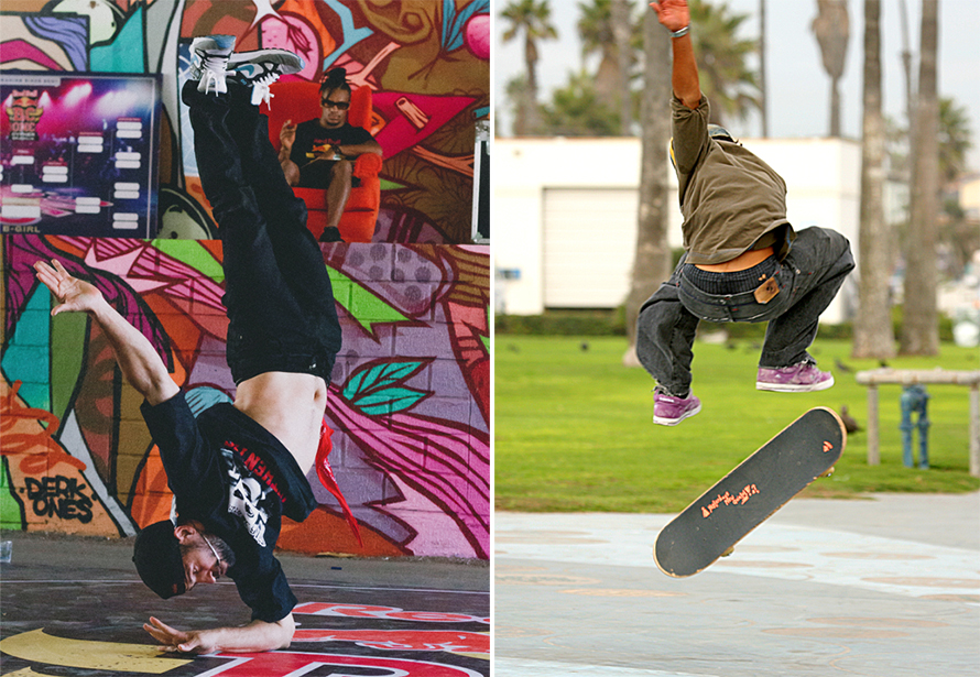 L-R: B-boying and skateboarding