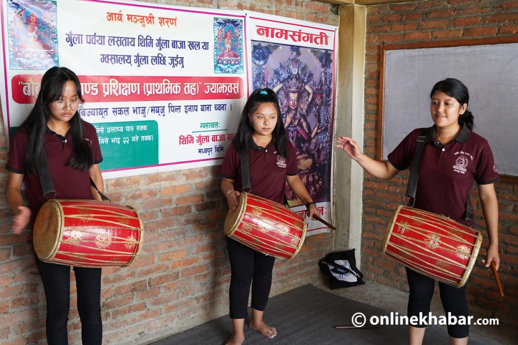 Female members of the Thimi Gunlaa Baaja Khala practise for Gunlaa at Digu Bahal, Madhyapur Thimi. Photo: Bikash Shrestha