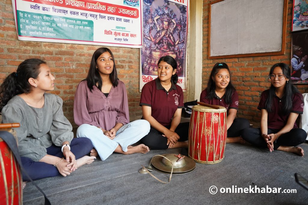 A group of young female Gunlaa baaja players gathered at Digu Bahal, Madhyapur Thimi. Photo: Bikash Shrestha