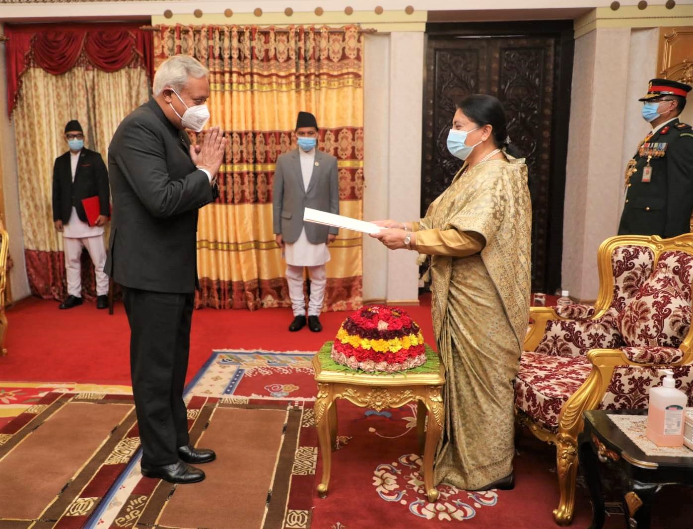 Indian Ambassador Naveen Srivastava presents his credentials to President Bidya Devi Bhandari, in Kathmandu, on Thursday, June 30, 2022. Photo: Indian Embassy in Kathmandu