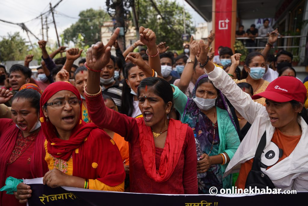 Street vendors stage a protest against the Kathmandu metropolitan city, in Kathmandu, on Tuesday, August 23, 2022. Photo: Aryan Dhimal