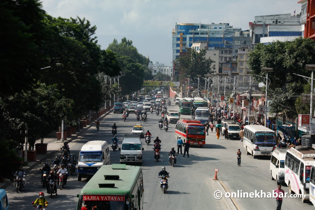 A Kathmandu road looks normal despite the Nepal bandh call by some small parties on Tuesday, August 23, 2022. Photo: Bikash Shrestha