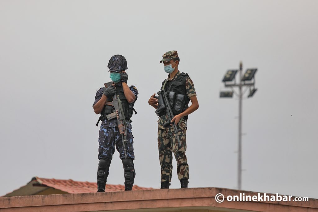 Nepal Police personnel on duty at the Tribhuvan International Airport. 