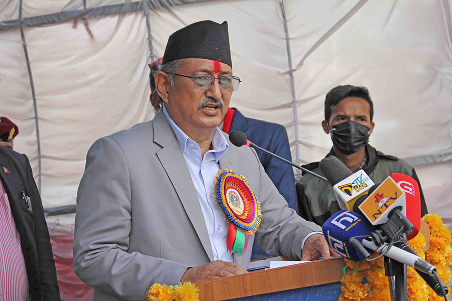 Home Minister Bal Krishna Khand speaks at an event about cybercrime in Kathmandu, on Friday, August 26, 2022. 