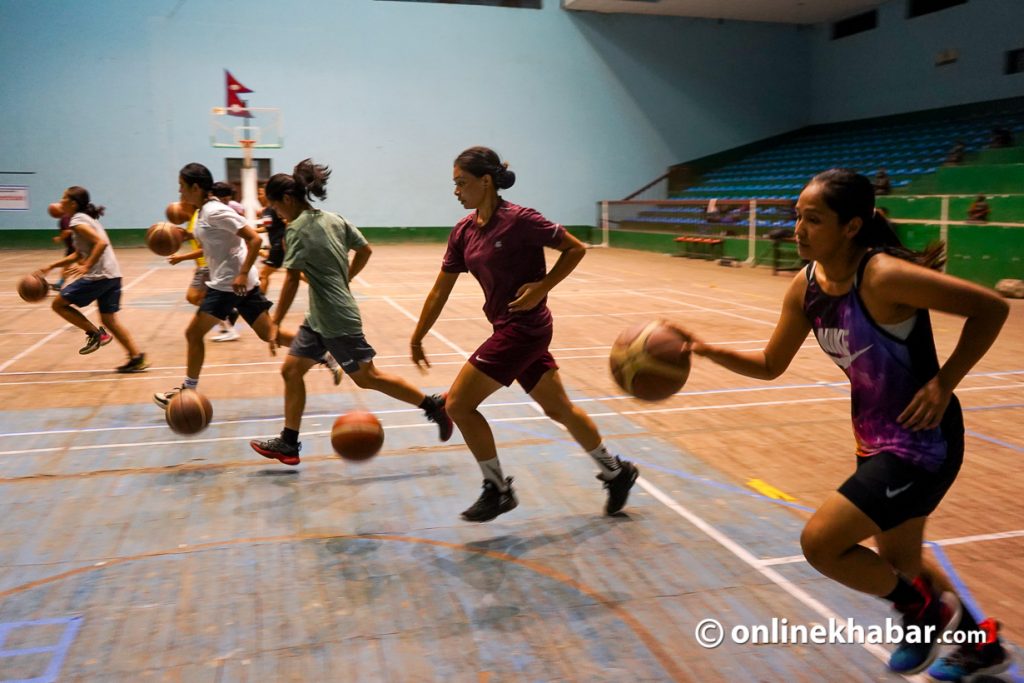 National women's basketball team preparing for South Asian Basketball Championship in covered hall of National Sports Council. Photo: Aryan Dhimal