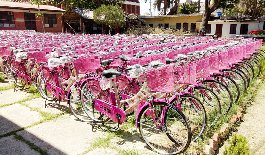 File: Cycles purchased for distribution to the schoolgirls under the Madhesh government's Beti Padhau Beti Bachau project