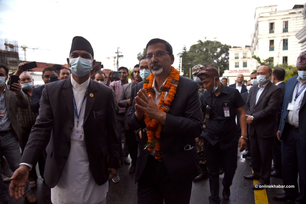 Janardan Sharma arrives at the Ministry of Finance after his reappointment as the finance minister, on Sunday, July 31, 2022.