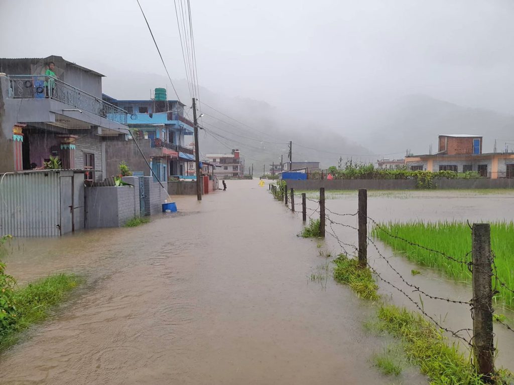 An area in Pokhara, Kaski, inundated after incessant rainfall in August 2022