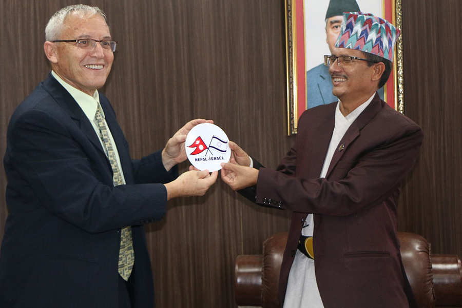 Labour and Employment Minister Sher Bahadur Kunwar and Israeli Ambassador to Nepal, Hanan Goder Goldberger, hold a meeting in Kathmandu, on Monday, August 15, 2022. 