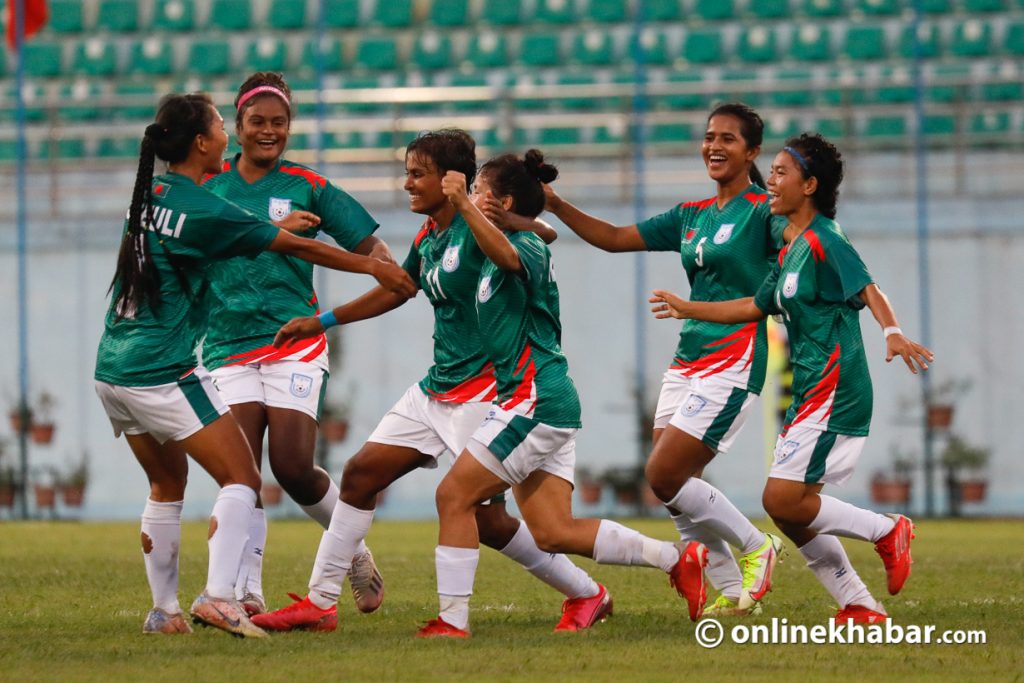 The Bangladeshi football team celebrate after scoring goal against Maldives. Photo: Bikash Shrestha 