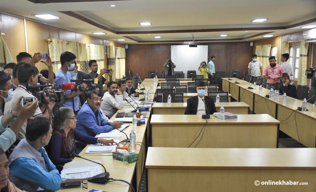 Suspended chief justice Cholendra Shamsher Rana giving his statements to the impeachment recommendation committee, in Kathmandu, on Wednesday, August 31, 2022. Photo: Chandra Bahadur Ale