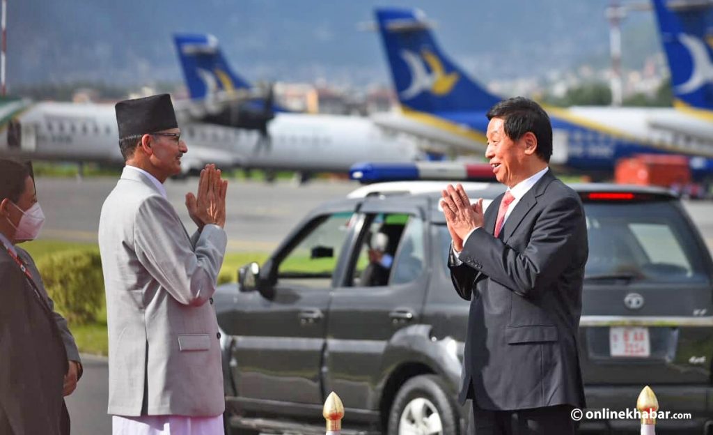 Chinese Speaker Li Zhanshu arrives in Kathmandu on a four-day official visit at the invitation of House of Representatives Speaker Agni Prasad Sapkota (left), on Monday, September 12, 2022. Photo: Bikash Shrestha