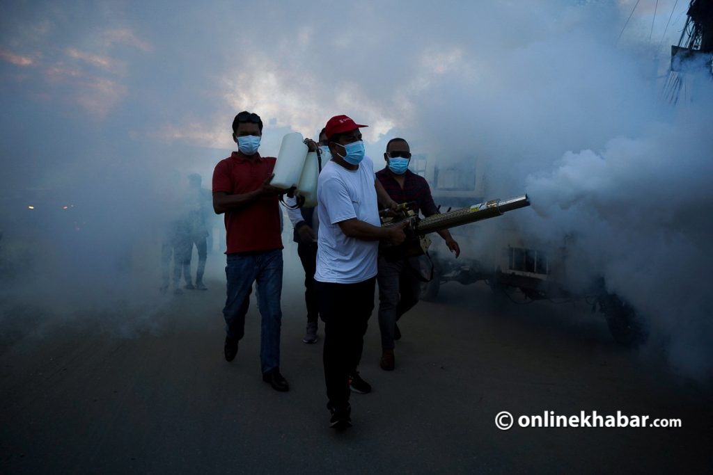 Mosquito fogging is done to prevent a dengue outbreak in Kathmandu, on August 28, 2022.  Photo: Aryan Dhimal Dengue infection