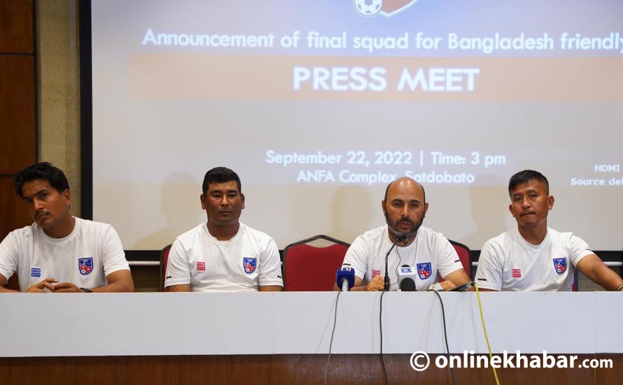 The acting head coach of the Nepal football team, Pradip Humagain, announces the squad for a friendly with Bangladesh, in Kathmandu, on Thursday, September 22, 2022. Photo: Chandra Bahadur Ale