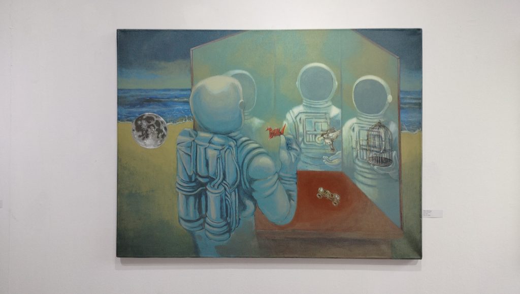Astronauts are the recurring motif in Saroj Bajracharya's paintings. Photo: Sangita Shrestha